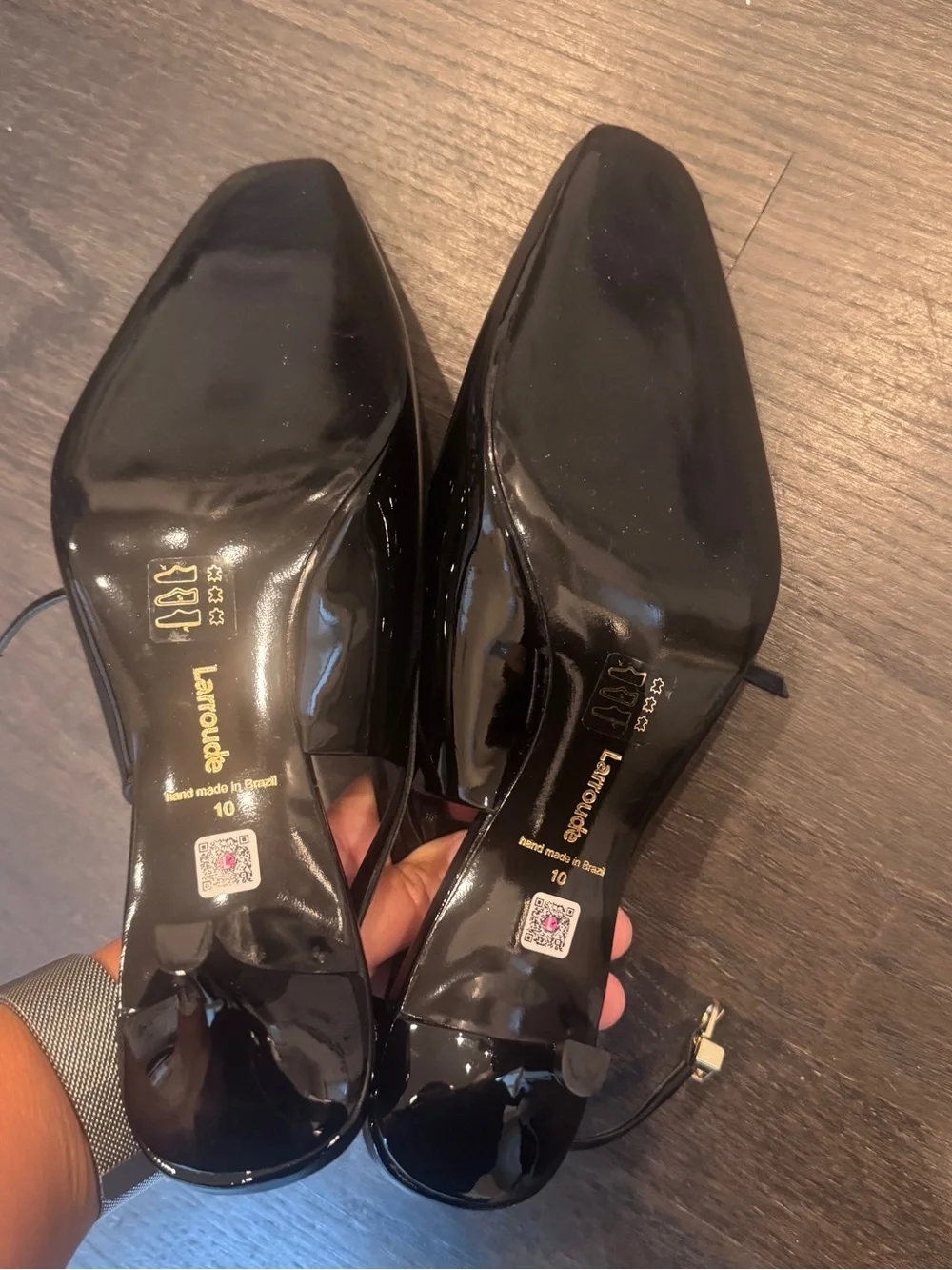 Larroude Black Patent Leather Pointed Slingback Pumps with Ankle Strap